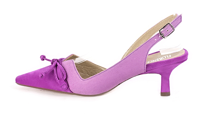Women's mauve purple elegant slingback heels, with a bow on the front. Tapered toe. Medium spool heels - Profile view